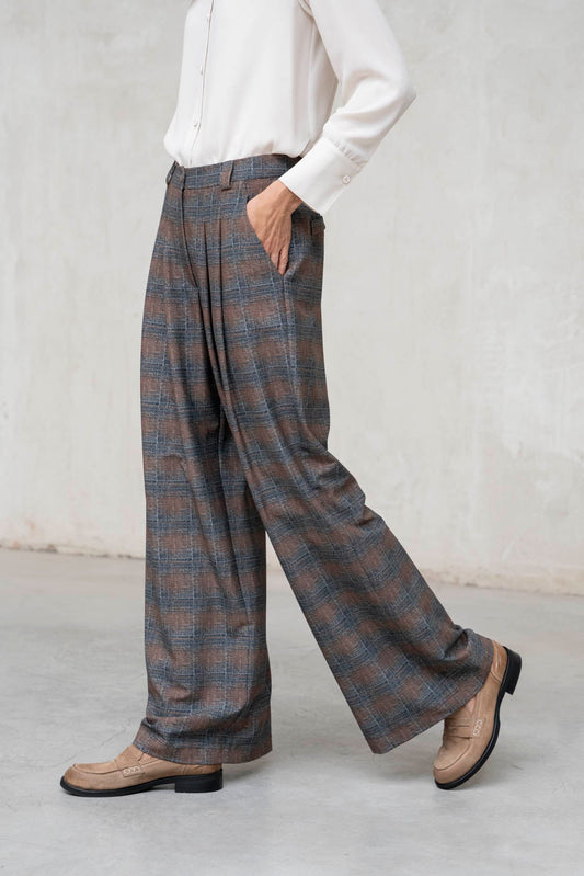 PANTALON ANCHO DOBLE PLIEGUE MARRON Y GRIS